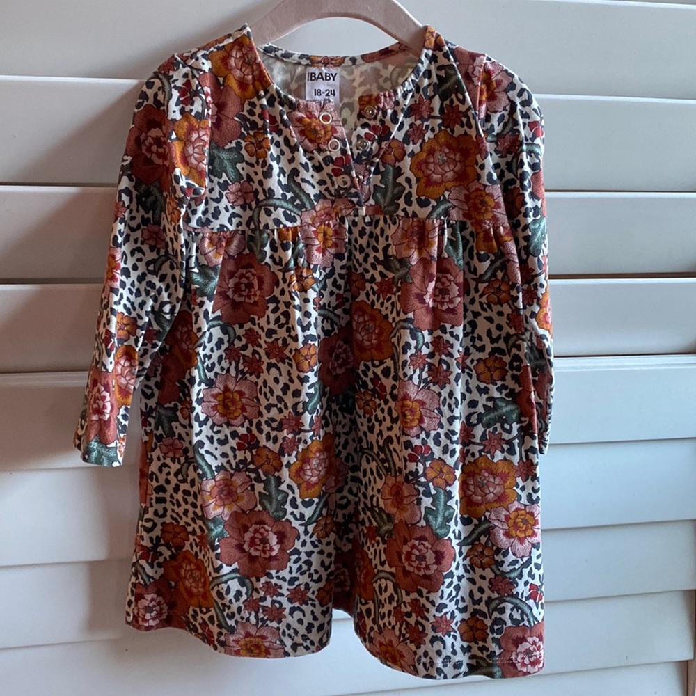Fall colored leopard and floral print cotton on baby dress